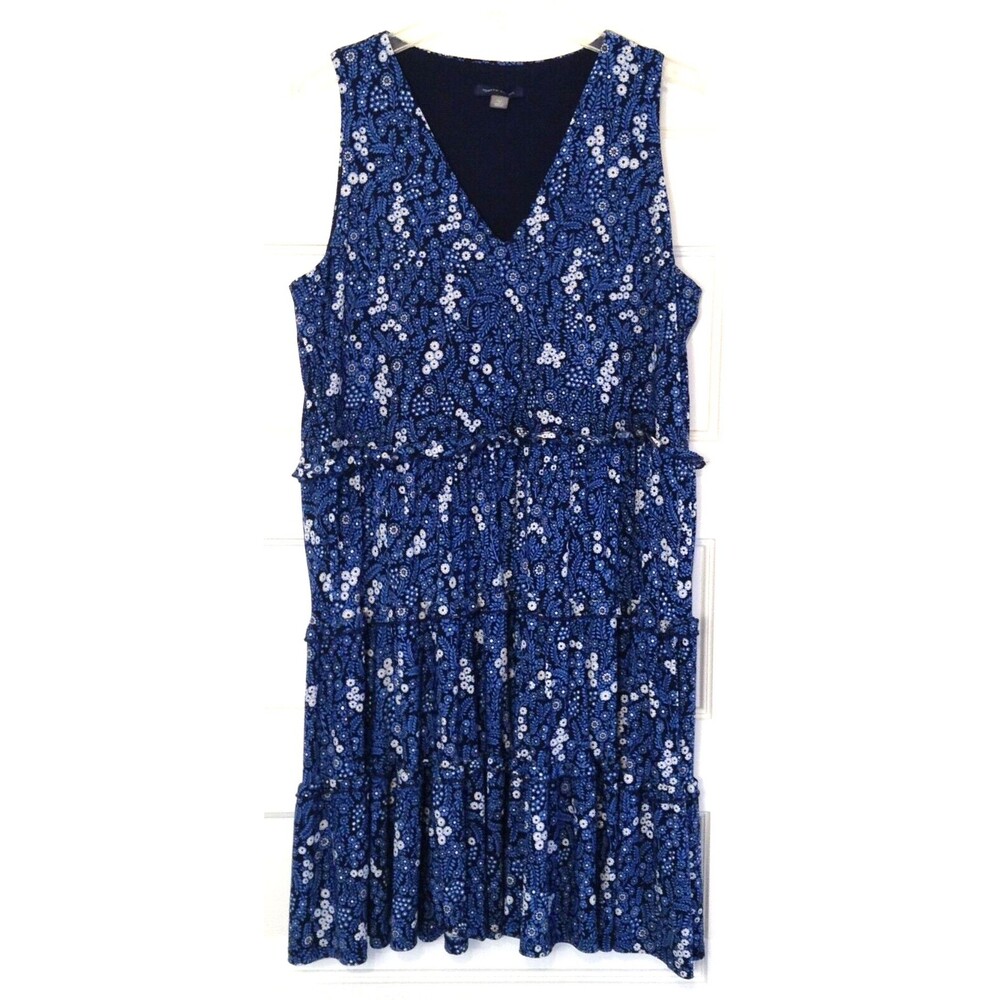 Tommy Hilfiger Dress Wn 14 Blue Ditsy Floral Babydoll Tiered Ruffles Cottage